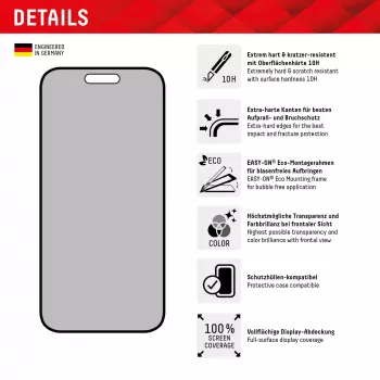Displex Protection d'écran confidentialité (10H) pour Apple iPhone 15/15 Pro, cadre de montage Eco, filtre de confidentialité