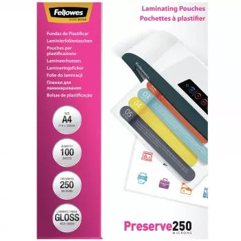 Fellowes A4 Glossy 250 microns - pochette de plastification, lot de 100, brillant, transparent, A4, 0,25 mm, 210 mm, 1 mm