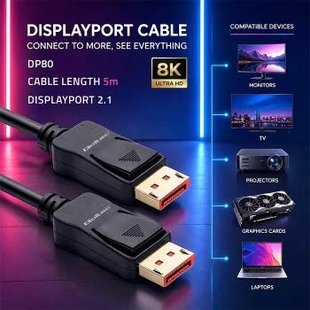Qoltec Câble DisplayPort v2.1 mâle vers mâle 8K 54G 5m Noir