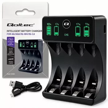 Qoltec 50968 chargeur d'accus NiMH pour AA/AAA avec LCD et câble USB-C, noir