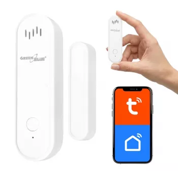 GREENBLUE GB478 Capteur de porte/fenêtre Wi-Fi sans fil – Contact magnétique intelligent, applications Tuya et Gosund, Alexa/Google, alimenté par pile, blanc