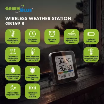 GREENBLUE GB169 B Station météo sans fil avec écran couleur et capteur extérieur