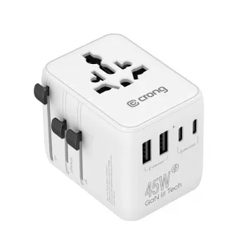 Crong One World Adaptateur de voyage GaN 45W UK/EU/US/AU blanc