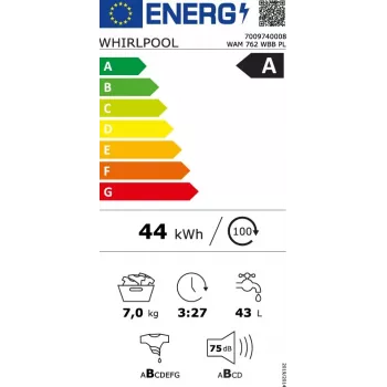 Whirlpool WAM762WBBPL Lave-linge 7 kg 1200 tr/min avec technologie 6th Sense, FreshCare+, Clean+, 14 programmes, afficheur LED, sécurité enfants, départ différé, classe énergétique C, blanc