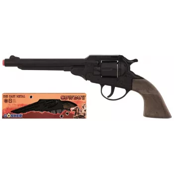 PULIO Cowboy revolver pistolet à amorces métal 8 coups - noir/argent avec poignées marron