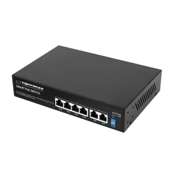 Switch Gigabit PoE+ 6 ports ESPERANZA 65W GOLIATH (4 ports PoE+, 2 uplinks, 12 Gbps, métal sans ventilateur)