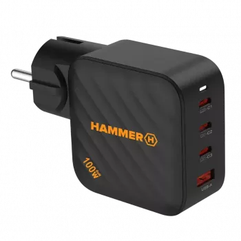 Chargeur mural HAMMER RapidCharge 100W GaN, 2x USB-C PD 100W + 1x USB-A QC 30W, noir