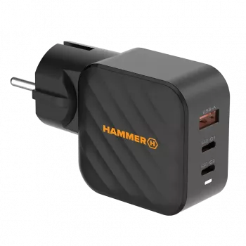 Chargeur secteur HAMMER RapidCharge 65W GaN - 2x USB-C PD, 1x USB-A QC, noir