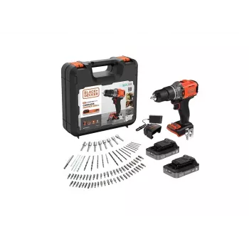 Perceuse à percussion sans fil BLACK & DECKER 18V avec 2 batteries 2,0 Ah, chargeur et 80 accessoires