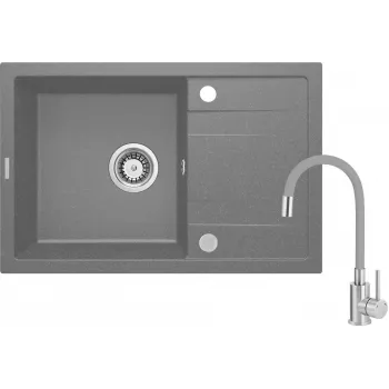 Évier de cuisine en composite de granit 1 bac avec robinet et égouttoir DEANTE, noir, 780x435 mm