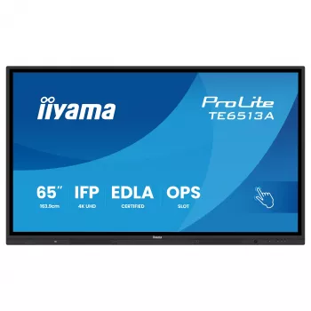 IIYAMA ProLite TE6513A-B3AG écran tactile interactif 65 inch 4K UHD IPS LED avec IR Touch, 20 points, Android, 400 cd/m², 8ms, HDMI, DisplayPort, USB-C, VGA, LAN, Wi-Fi, Bluetooth, VESA 600x400, noir