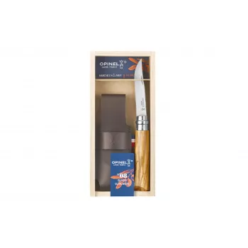 Couteau pliant OPINEL N° 08 en bois d'olivier avec étui en cuir dans une boîte cadeau