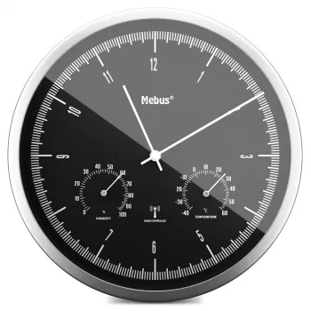 MEBUS 19777 Horloge murale radio-pilotée avec thermo-hygromètre, argent/blanc, 30 cm