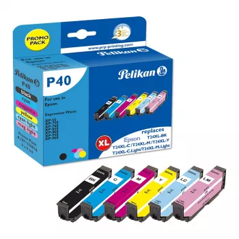 Cartouche d'encre compatible Pelikan P40 multipack 6 pièces pour Epson Expression Photo XP-55/XP-750/XP-760/XP-850/XP-950/XP-960 (noir, cyan, cyan clair, magenta clair, magenta, jaune)