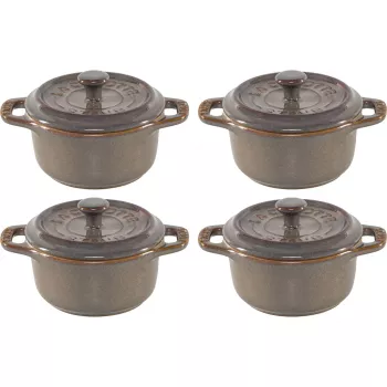 Ensemble de 4 mini cocottes Staub en céramique rondes gris antique 10 cm