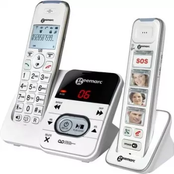 Téléphone sans fil senior Geemarc PACK Mobility 295 avec répondeur, touches de numérotation photo, écran rétroéclairé, Blanc