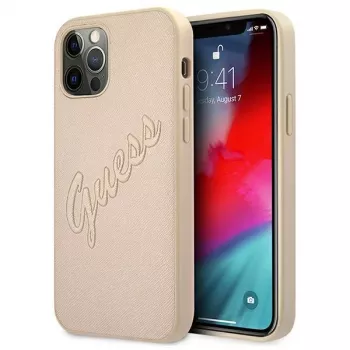 Guess Saffiano Vintage Script Hard Case for Apple iPhone 12 Pro Max 6.7 inch - Gold