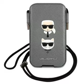 Coque rigide Karl Lagerfeld Ikonik pour Apple iPhone 12 Pro Max, grise Saffiano PU, design Karl & Choupette Head