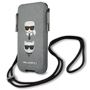 Coque rigide Karl Lagerfeld Ikonik pour Apple iPhone 12 Pro Max, grise Saffiano PU, design Karl & Choupette Head