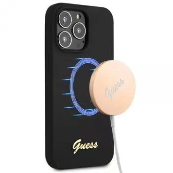Guess GUHMP13XLSLMGBK Silicone Hard Case for Apple iPhone 13 Pro Max 6.7 inch Black with Gold Script Logo MagSafe