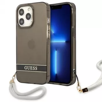 Guess GUHCP13LHTSGSK Translucent Hard Case with Hand Strap for Apple iPhone 13 Pro / iPhone 13, Black