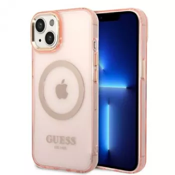 Guess Gold Outline Translucent MagSafe Hard Case for iPhone 13/14/15 6.1 inch Pink