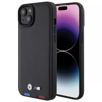 Coque arrière BMW M Collection Leather Stamp pour iPhone 15 Plus / 14 Plus 6,7 pouces - Black Tricolor