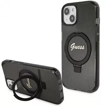 Guess GUHMP13MHRSGSK iPhone 13/14/15 6.1 inch Black Hard Case with Ring Stand, Script Glitter, MagSafe