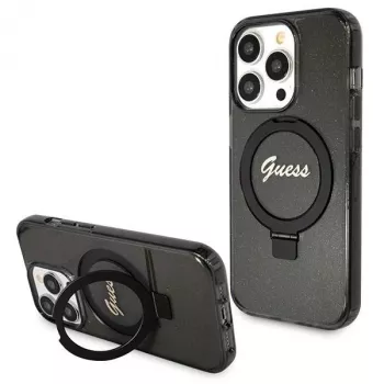 Guess GUHMP13XHRSGSK iPhone 13 Pro Max 6.7 inch Black Hardcase Ring Stand Script Glitter MagSafe