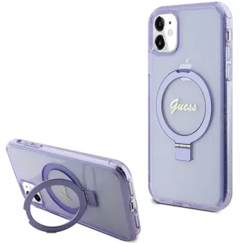 Guess GUHMN61HRSGSU iPhone 11 / XR 6.1 inch Purple Hardcase Ring Stand Script Glitter MagSafe