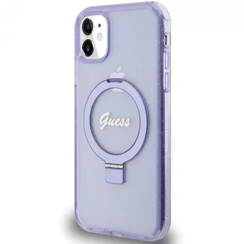 Guess GUHMN61HRSGSU iPhone 11 / XR 6.1 inch Purple Hardcase Ring Stand Script Glitter MagSafe