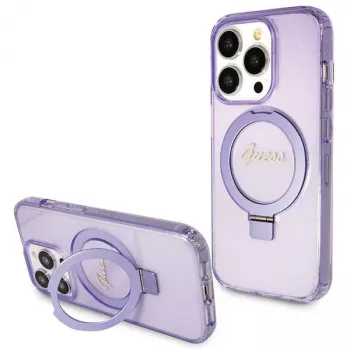 Guess GUHMP14XHRSGSU iPhone 14 Pro Max 6.7 inch Purple Hardcase Ring Stand Script Glitter MagSafe