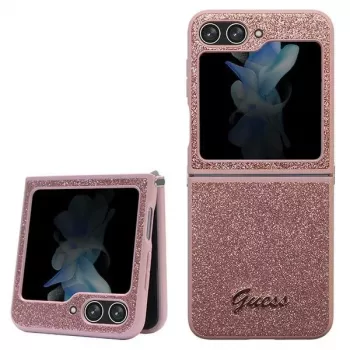 Guess GUHCZF5HGGSHP F731 Coque rigide Glitter Script pour Samsung Galaxy Z Flip5 - rose