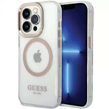 Guess GUHMP15SHTRMD Metal Outline Hard Case for iPhone 15/14/13, Gold, MagSafe