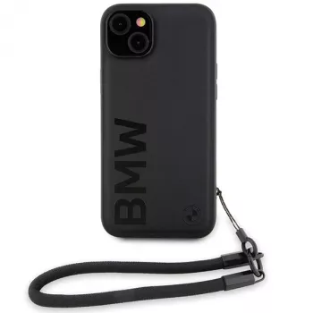 BMW coque rigide Signature Leather Wordmark avec cordon pour iPhone 15 Plus / 14 Plus 6,7