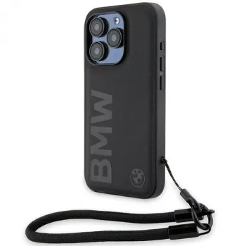 BMW coque rigide Signature Leather Wordmark avec cordon pour iPhone 15 Pro 6,1 inch noire