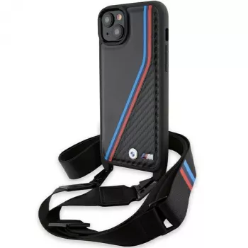 BMW M Edition Carbon Tricolor Lines Hardcase pour iPhone 15 Plus / 14 Plus 6,7 pouces noir avec dragonne