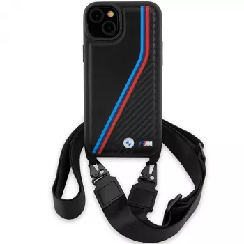 BMW M Edition Carbon Tricolor Lines Hardcase pour iPhone 15 Plus / 14 Plus 6,7 pouces noir avec dragonne
