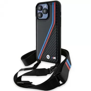 BMW M Edition coque rigide Carbon Tricolor Lines avec dragonne pour Apple iPhone 15 Pro Max 6,7