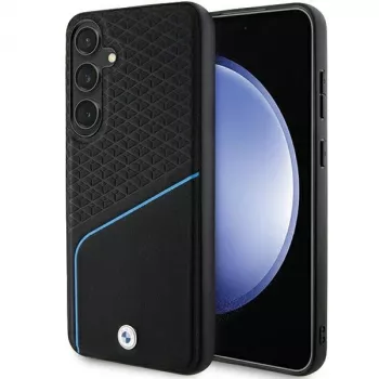 Coque rigide BMW Signature en cuir texturé et Line MagSafe pour Samsung Galaxy S24, noire