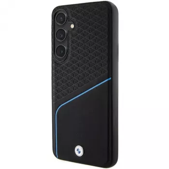 Coque rigide BMW Signature en cuir texturé et Line MagSafe pour Samsung Galaxy S24, noire