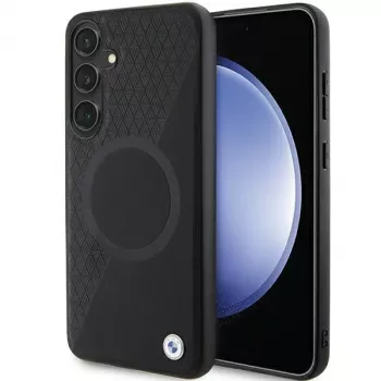 Coque rigide BMW Signature en cuir pour Samsung Galaxy S24+ - Half Textured & Circle MagSafe - Noire