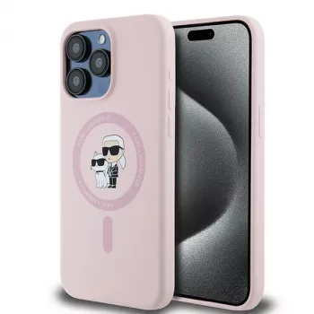 Coque rigide silicone Karl Lagerfeld KLHMP15XSCMKCRHP pour iPhone 15 Pro Max 6,7 inch, rose, avec anneau Karl & Choupette et MagSafe