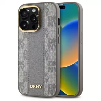 DKNY DKHMP14LPCPVSLE Coque rigide cuir motif à carreaux Mono Pattern MagSafe pour iPhone 14 Pro 6,1 inch Beige