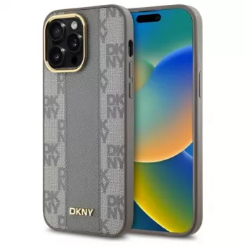 DKNY DKHMP14XPCPVSLE iPhone 14 Pro Max 6,7 inch Coque rigide cuir motif à carreaux Mono Pattern MagSafe Beige