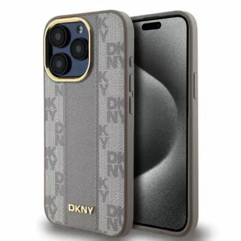 Coque rigide DKNY DKHMP15XPCPVSLE pour iPhone 15 Pro Max 6,7 pouces cuir motif pied-de-poule mono MagSafe beige