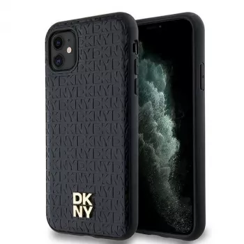 DKNY DKHMN61PSHRPSK iPhone 11 / XR 6,1 inch Noir Coque rigide cuir motif monogramme logo métal MagSafe