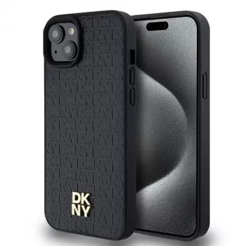 DKNY DKHMP15SPSHRPSK Coque rigide pour iPhone 15/14/13 6,1 inch Noir effet cuir logo métal MagSafe