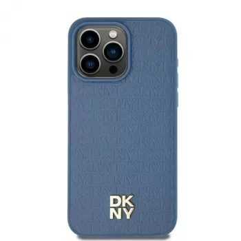 DKNY DKHMP15SPSHRPSB iPhone 15 / 14 / 13 6,1 inch Bleu Coque rigide effet cuir logo métal MagSafe