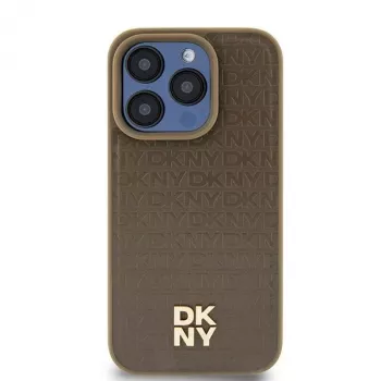 DKNY DKHMP14SPSHRPSW Coque rigide pour iPhone 14/15/13, effet cuir marron avec logo métal, MagSafe